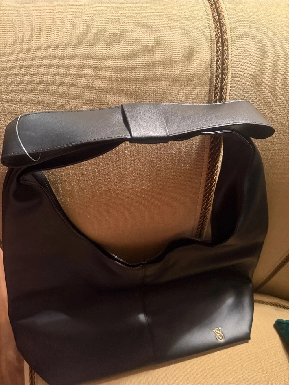 Victoria Secret Black Leather Shoulder Hobo with VS Monogram & Bow on  Shoulder